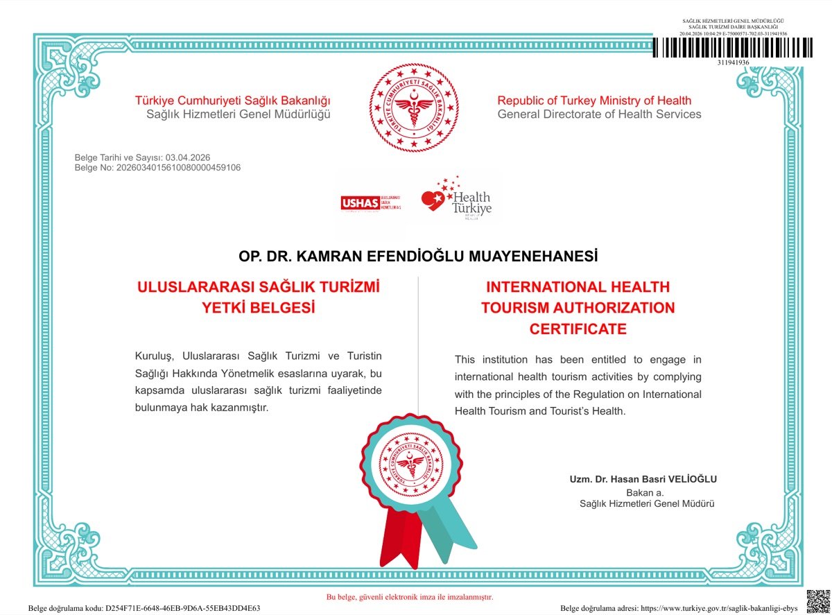 Republic of Türkiye Ministry of Health International Health Tourism Authorisation Certificate for Op. Dr. Kamran Efendioğlu Clinic